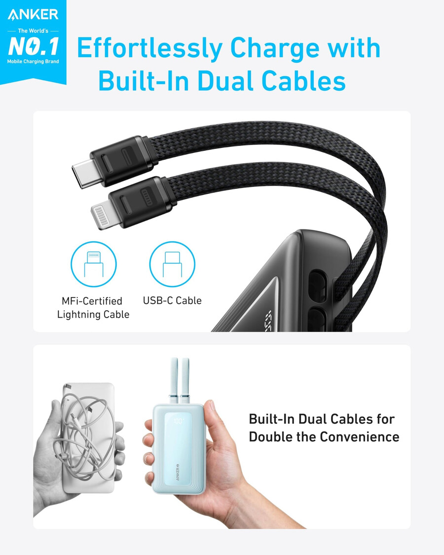anker zolo powerbank 20k ingebouwde usb-c- en lightning-kabel