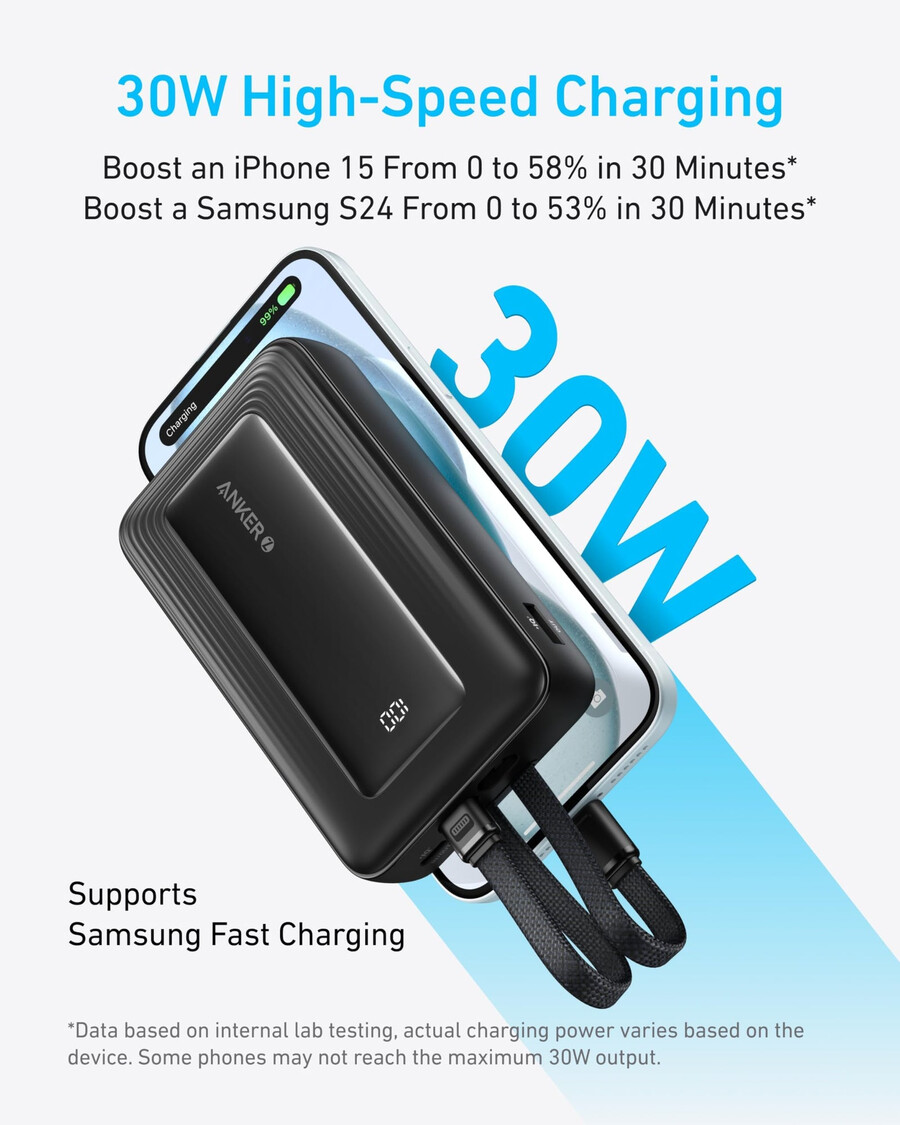 anker zolo powerbank 20k ingebouwde usb-c- en lightning-kabel