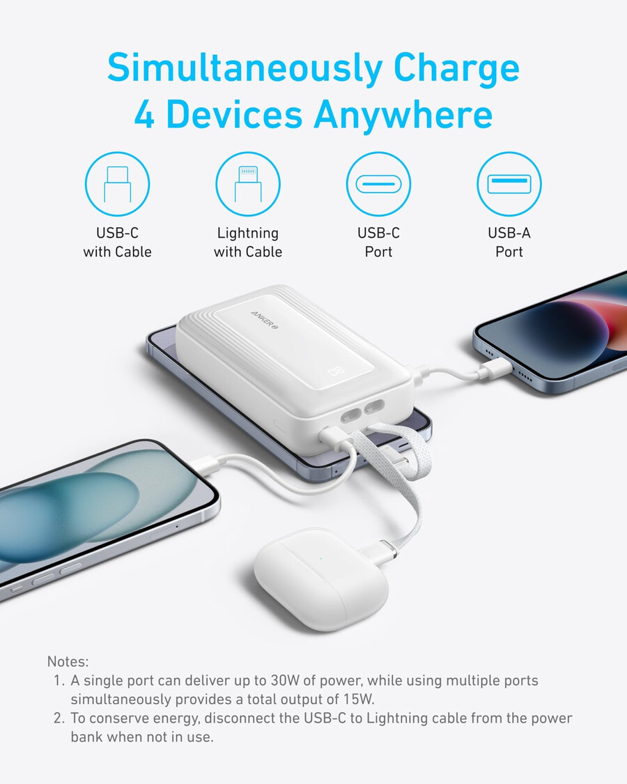 anker zolo powerbank 20k ingebouwde usb-c- en lightning-kabel