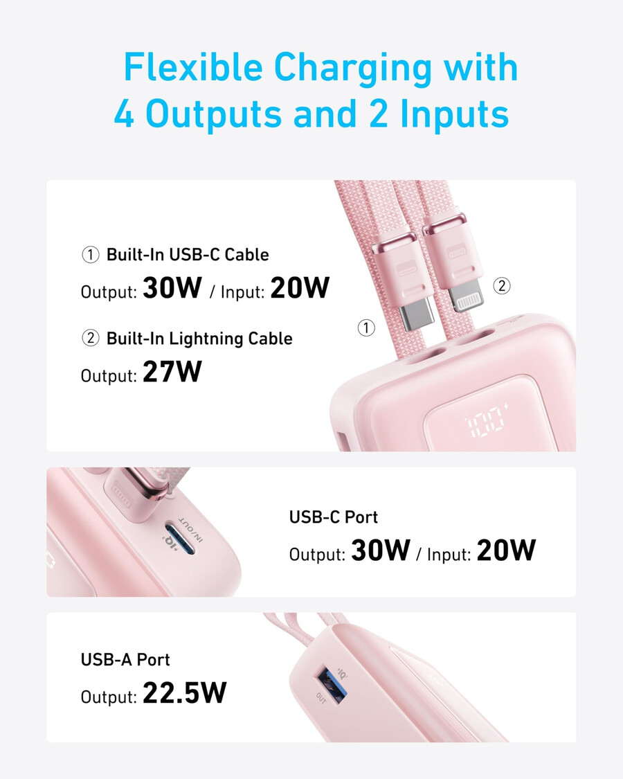 anker zolo powerbank 20k ingebouwde usb-c- en lightning-kabel
