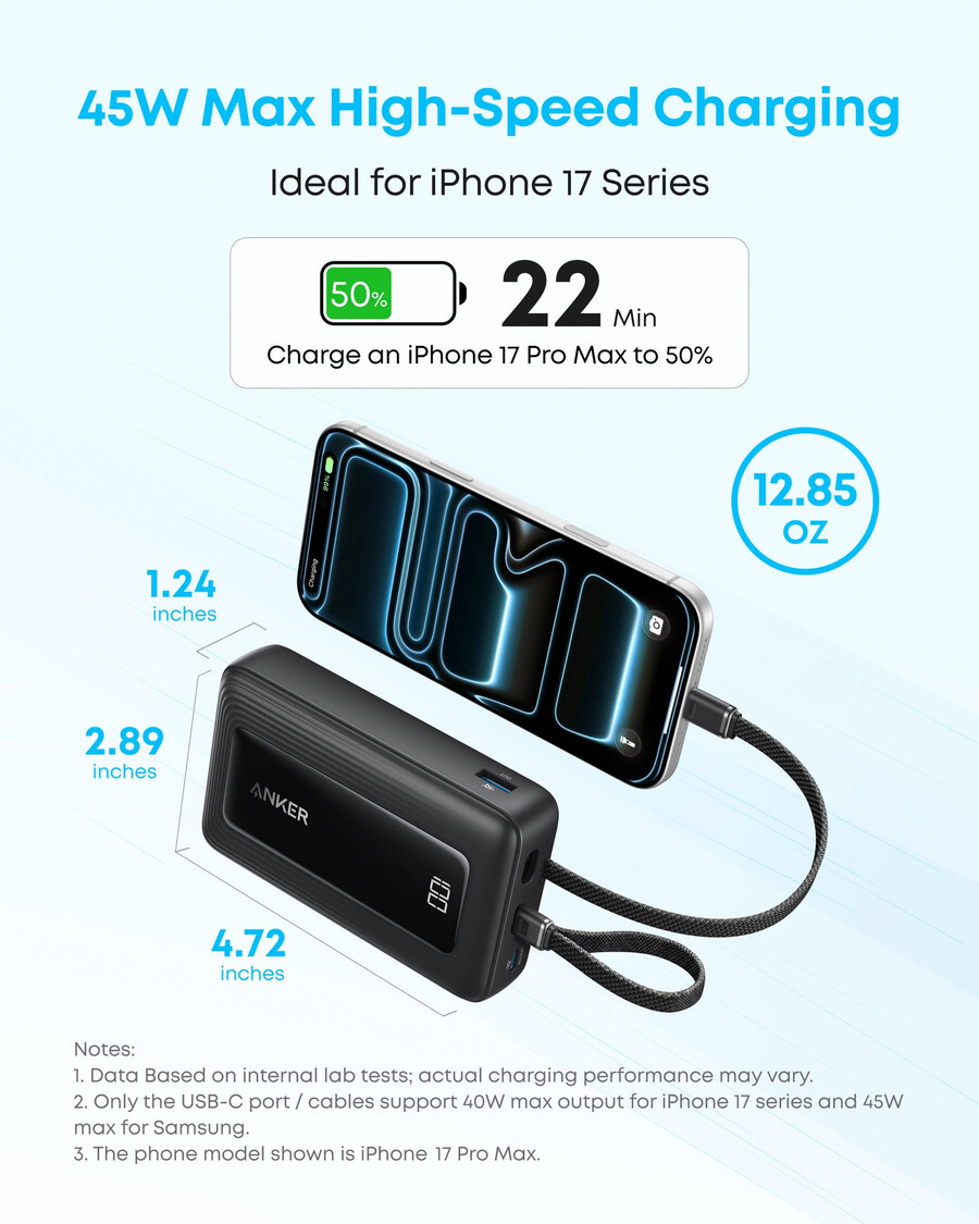 anker zolo powerbank 20k ingebouwde usb-c- en lightning-kabel